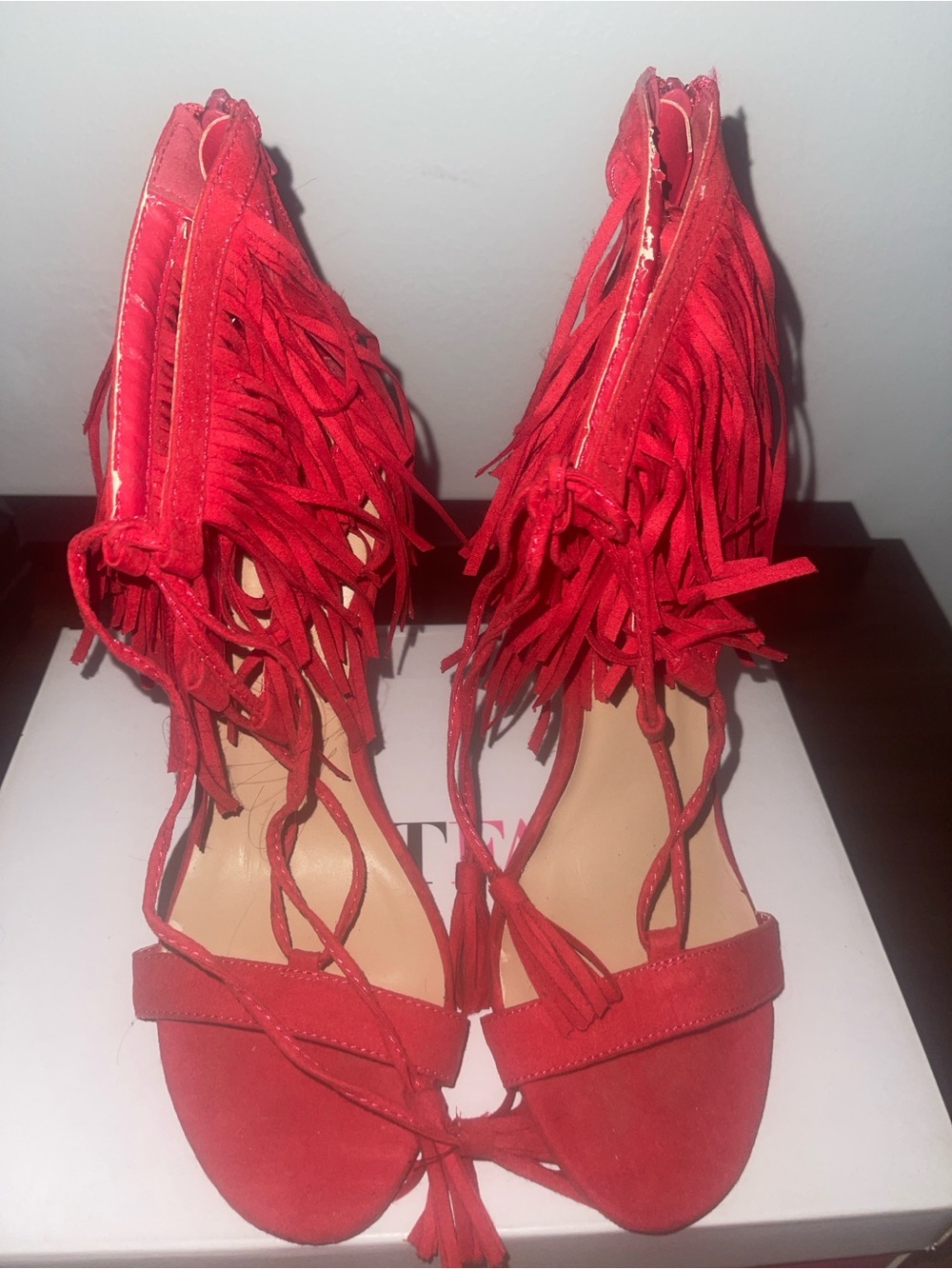 JustFab Red Fringe Suede Open-Toe Heels with Ankle Tie